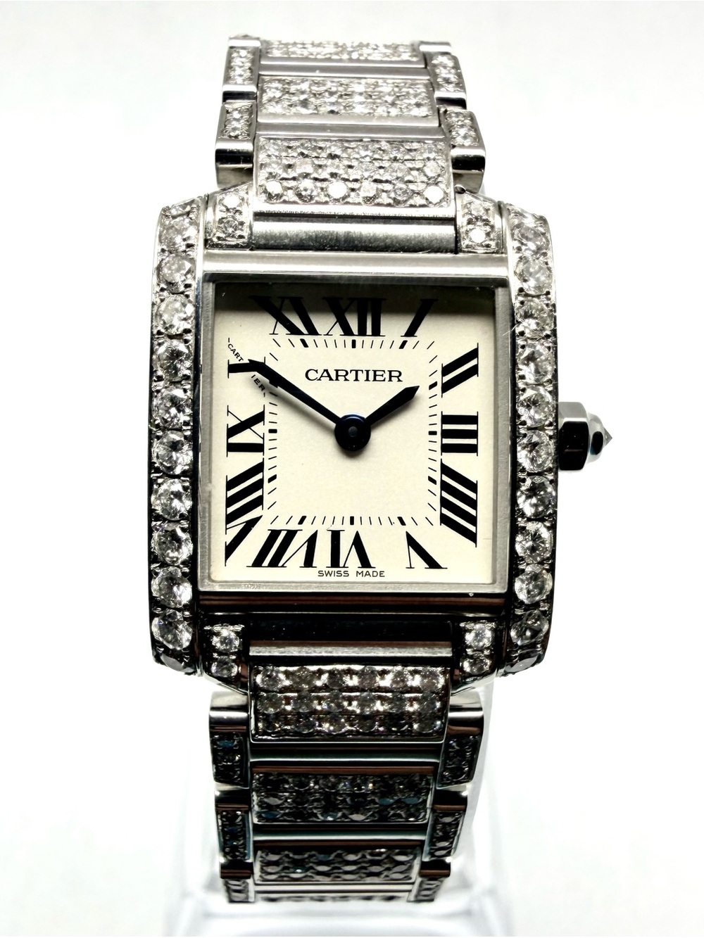 CARTIER TANK FRANCAISE Quartz 20mm Steel 6.11TCW Full DIAMOND Watch Cream Dial